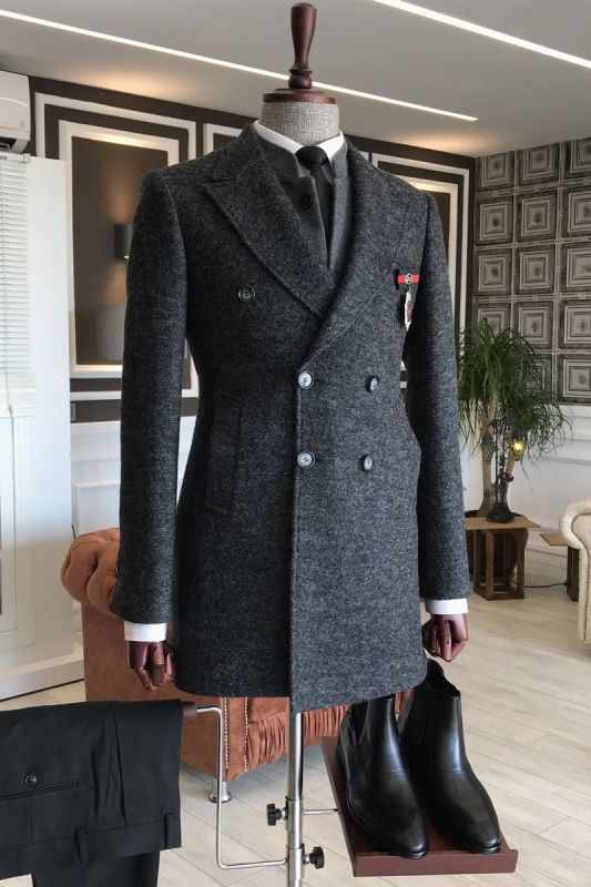 Jacob All Black Double Breasted Slim Fit Tailored Wool Coat For Business