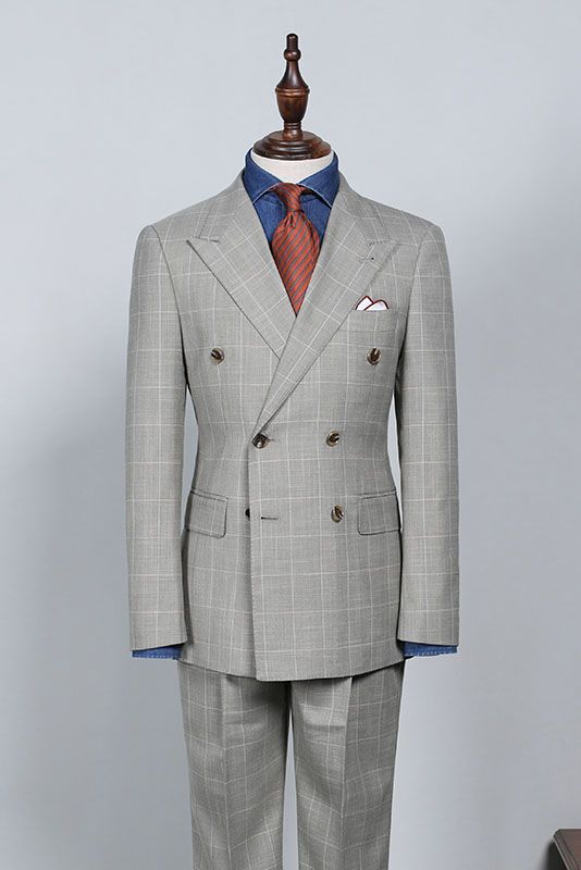 Roy Trendy Gray Plaid Double Breasted Bespoke Business Suit | Allaboutsuit