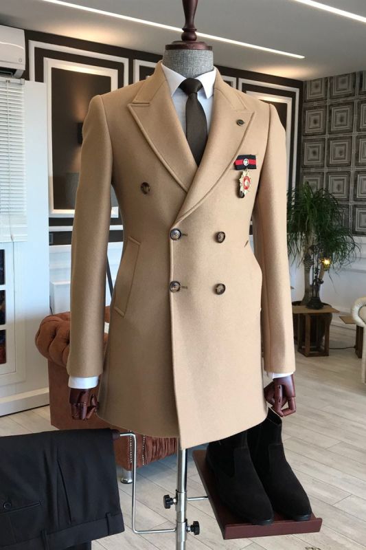 Ingram Light Khaki Peaked Lapel Double Breasted Slim Fit Formal Wool Coat