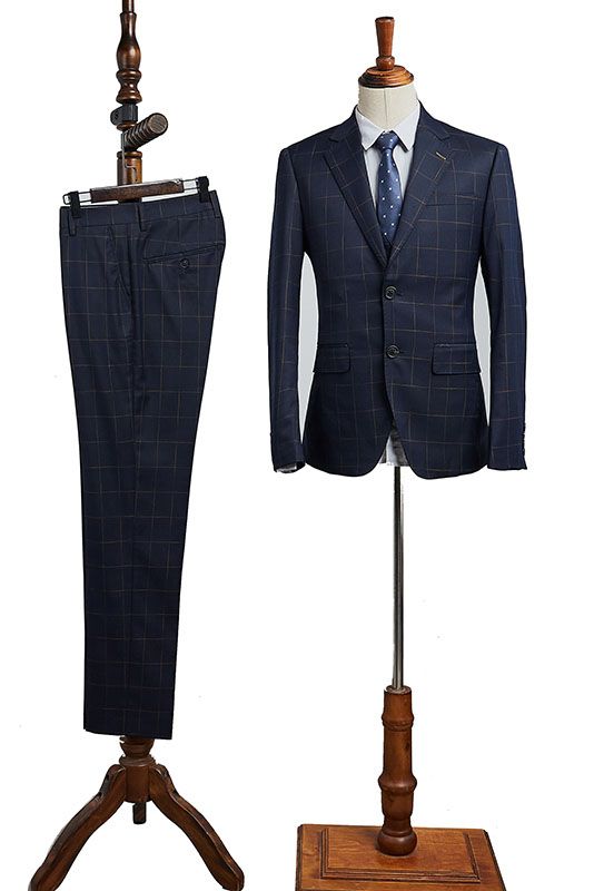 Carr Modern Navy Blue Plaid Notched Lapel 2 Button Slim Fit Business Suit