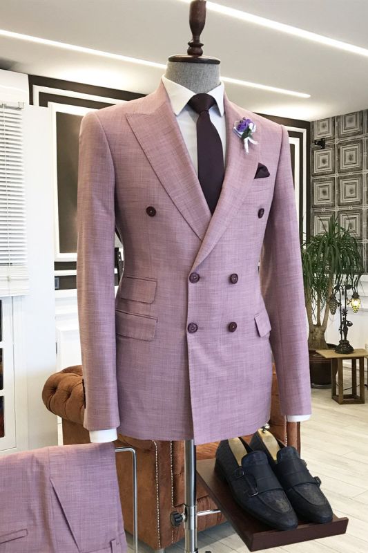 Unique Pink Peaked Lapel Double Breasted 3 Flaps Prom Suits For Men