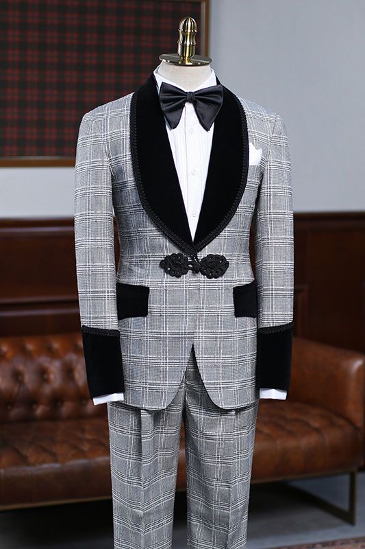 Steward Stylish Gray Plaid Knitted Button Wedding Suit For Grooms