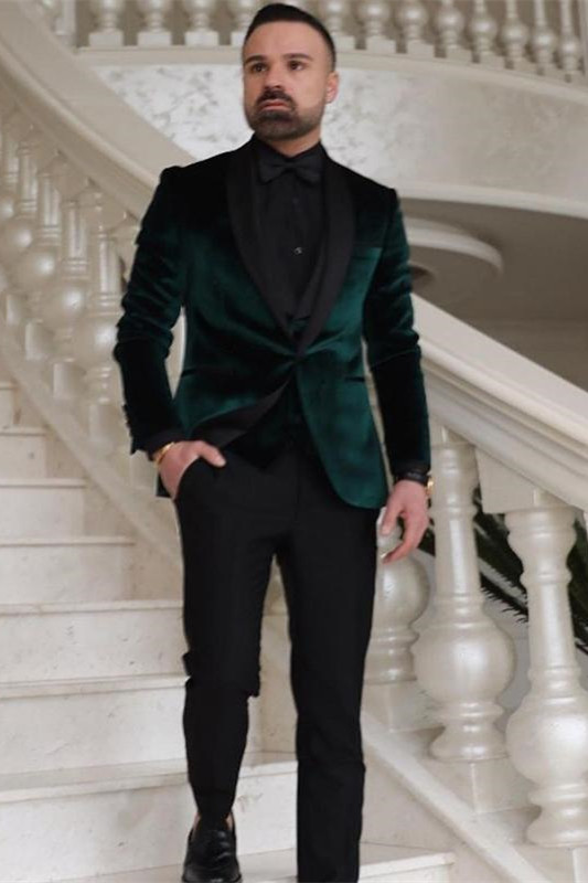 Dark Green Velvet Three Pieces Fashion Shawl Lapel Wedding Groom Suits Allaboutsuit