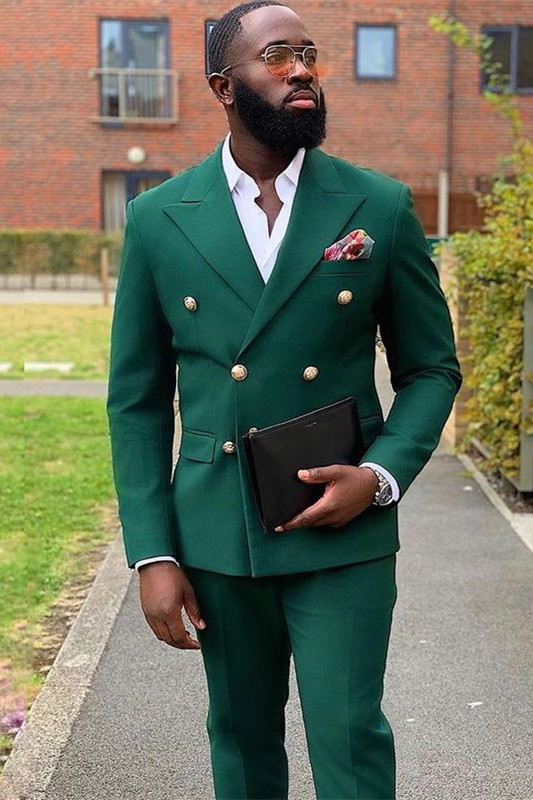 William Dark Green Double Breasted Peaked Lapel Best Fitted Prom Suits