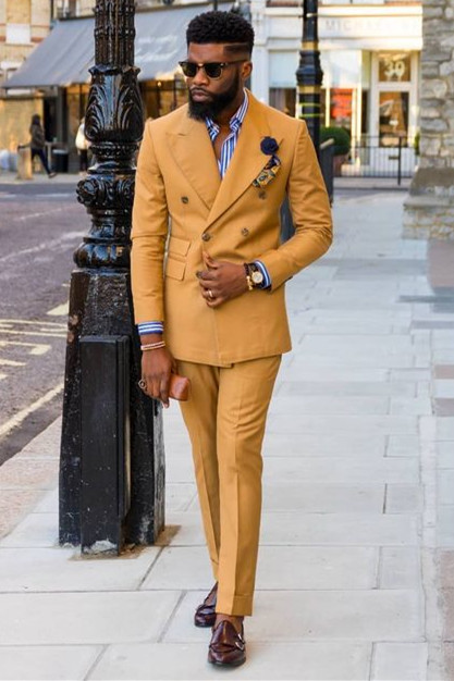 Joshua Chic Yellow Double Breasted Peaked Lapel Bespoke Men Suits