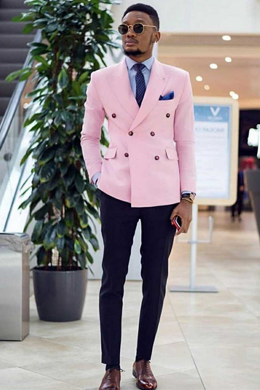Simple Double Breasted Pink Plaid Peaked Lapel Marriage Suit