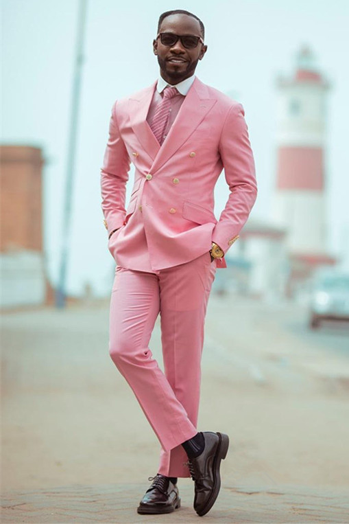 Ablett Pink Double Breated Peaked Lapel Chic Men Suits for Prom