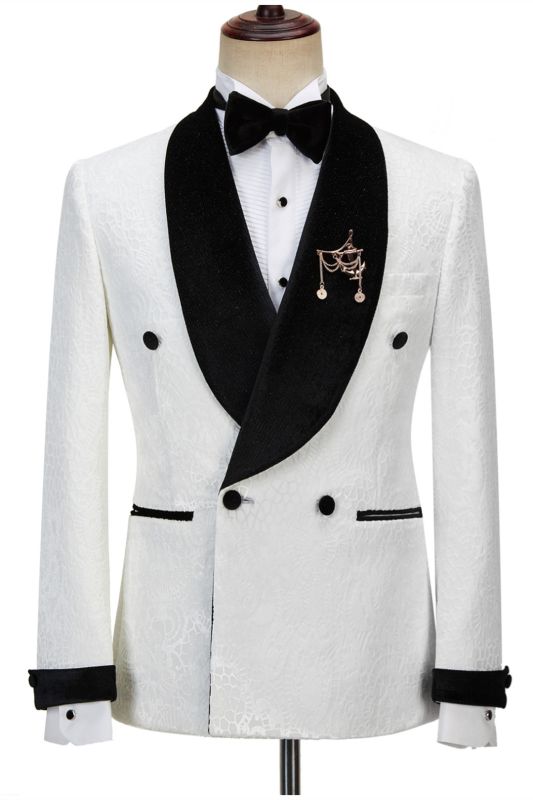 Jesus Chic Sparkle Shawl Lapel Jacquard Double Breasted White Wedding Suits
