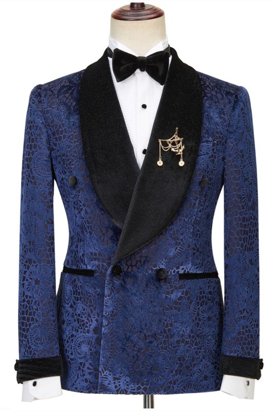 Jane Dark Navy Jacquard Double Breasted Sparkle Shawl Lapel  Men Suits For Wedding