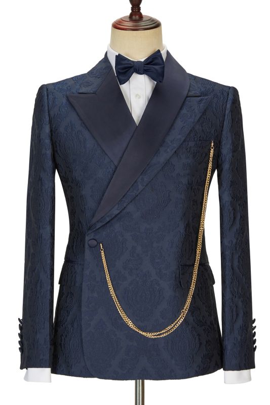 Brandon New Arrival Navy Blue Slim Fit Jacquard Peaked Lapel Wedding Men Suits