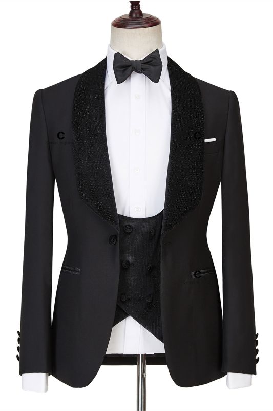 Jose Modern Three Pieces Black  Shawl Lapel Sparkle Men Wedding Suits