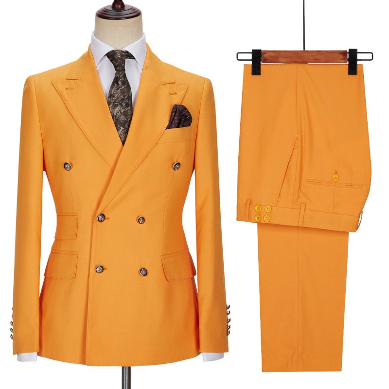 Benjamin New Arrival Orange Double Breasted Peaked Lapel Men Suits