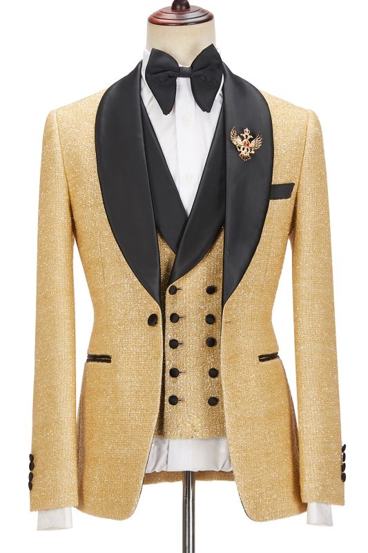 Andrew Sparkly Golden Shawl Lapel  Three Pieces Men Suits For Wedding