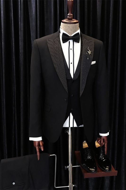 Barry Lastest Design Stylish Black Three Pieces Peaked Lapel Wedding Suits