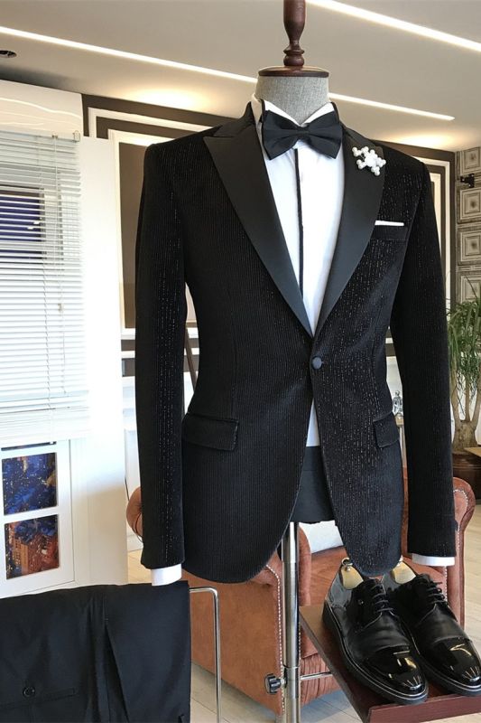 Andrew Fashion Black Sparkle Stripes Peaked Lapel Men Suits
