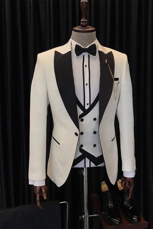 Antony Fashion White Three Pieces Wedding Men suits With Black Peaked Lapel