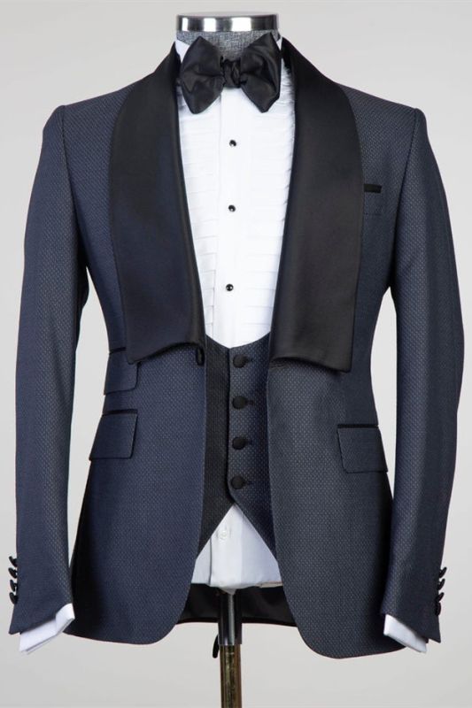 Cliff Fashion Dark Blue Shawl Lapel Slim Fit 3-Pieces Men Suits