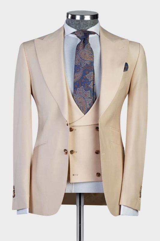 Dwight Chic Champagne Peaked Lapel Three Pieces Best Fitted Men Suits