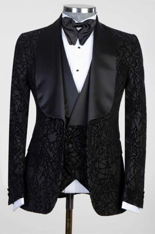 Darren Newest Black Three Pieces Shawl Lapel Jacquard Men Suits