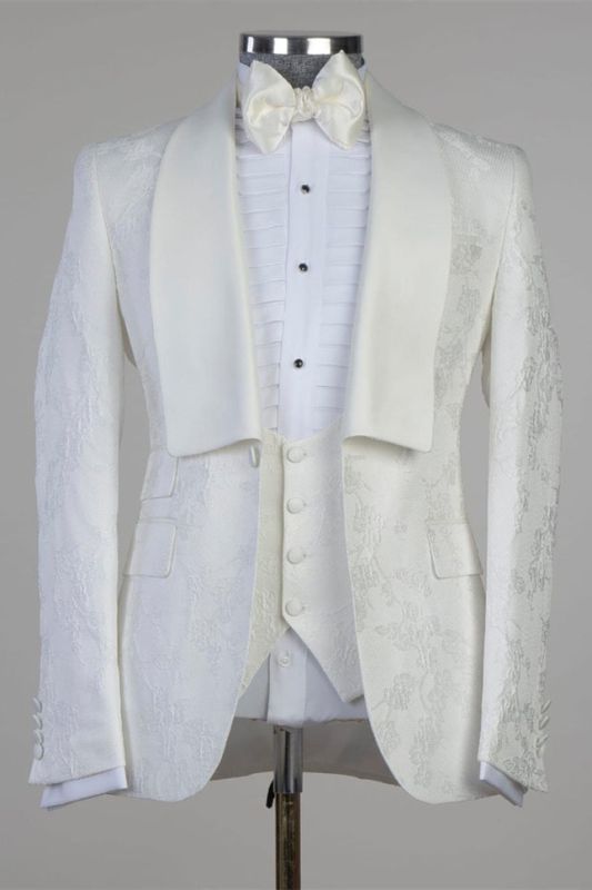 Enoch Latest Design White Jacquard Shawl Lapel Wedding Suits with One Button