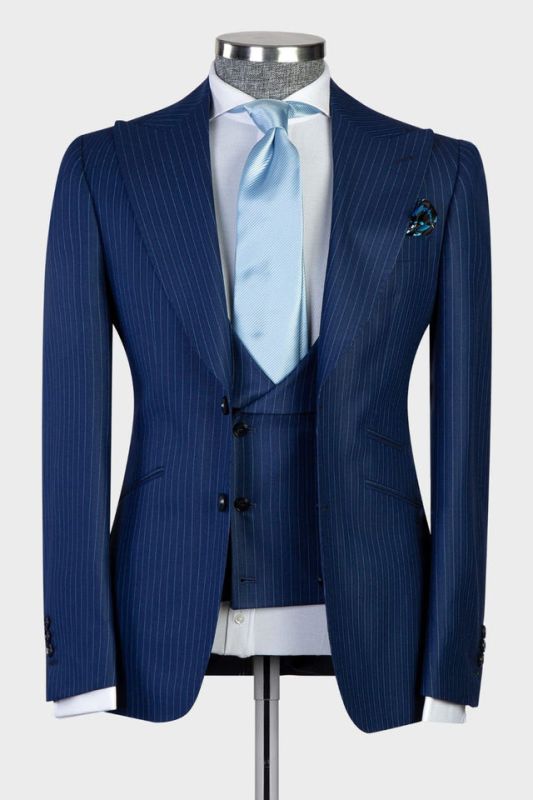 Eli Navy Fashion Stripe Three Pieces Slim Fit Formal Men Suits With Peaked Lapel