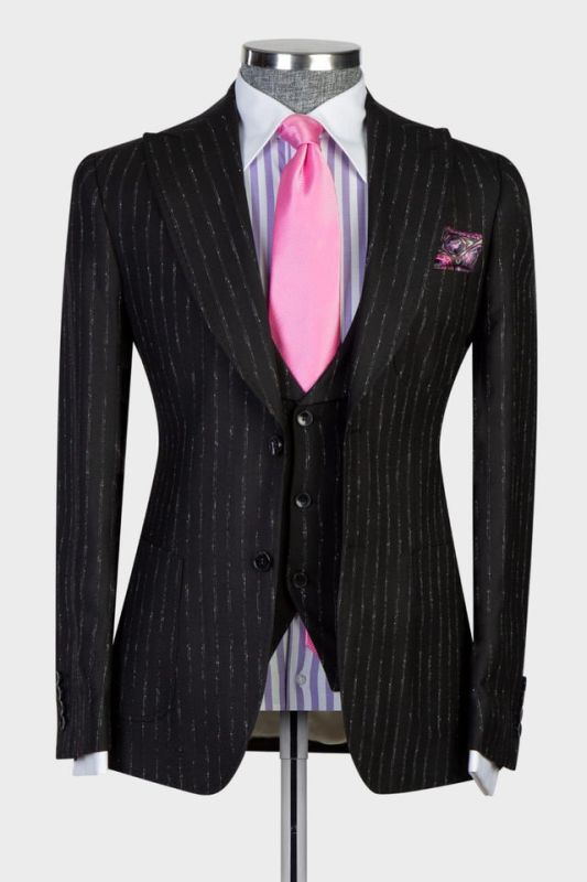 Ernest Modern Black Stripe Peaked Lapel 3-Pieces Slim Fit Men Suits