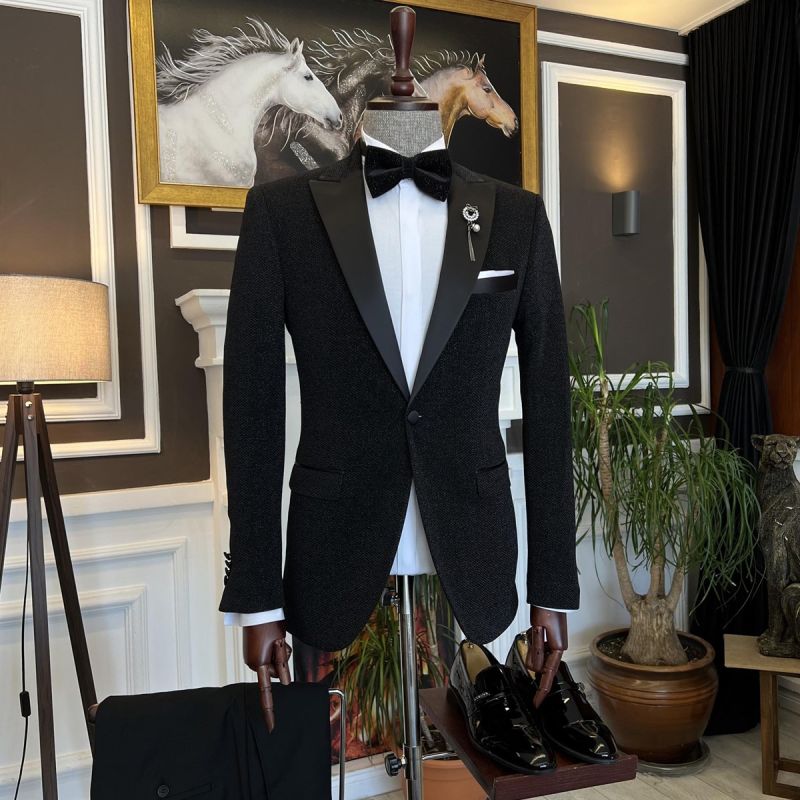 2 Piece Black One Button Peak Lapel Men's Ball Suits