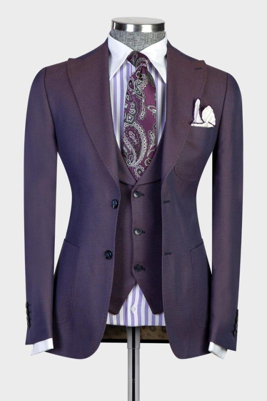 Eamonn Modern Dark Purple 3-pieces Peaked Lapel Men Suits For Business