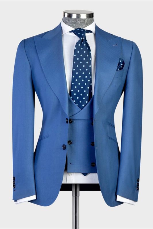 Gentle Blue Peak Lapel Men's Suit | 3 Piece Formal Suit without Flap