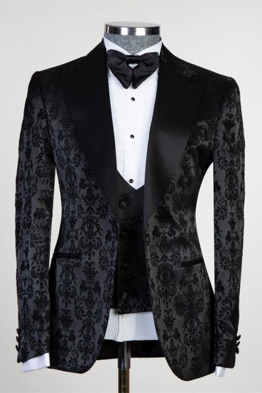 Edward Bespoke Black Jacquard Peaked Lapel Three Pieces Men Suits