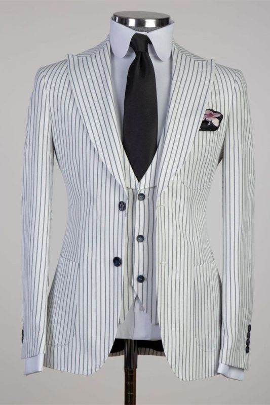Geoff Stylish White Stripe 3-Pieces Peaked Lapel Business Men Suits