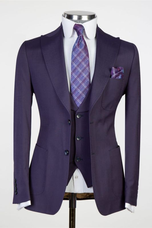 Dustin Chic Dark Purple Peaked Lapel Three Pieces Best Fitted Men Suits