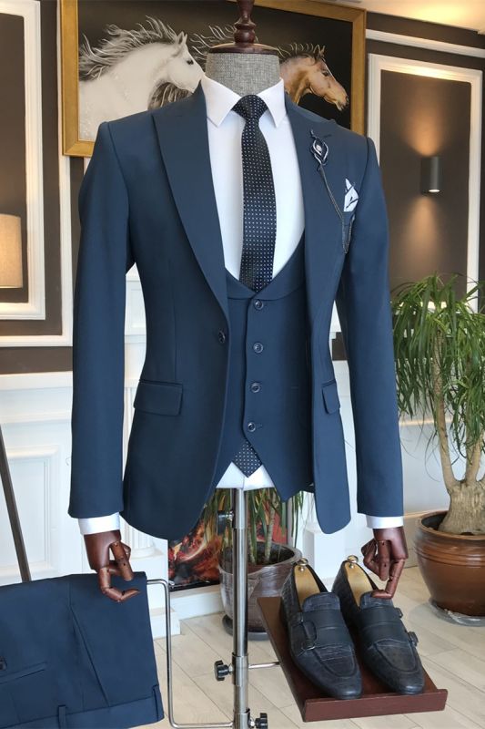 Modern Gery 3-Piece Business Suits with One Button Peaked Lapel for Men