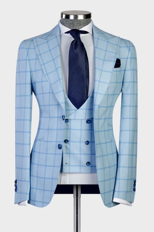 Errol New Arrival Sky Blue Plaid Slim Fit Bespoke Men Suits for Business