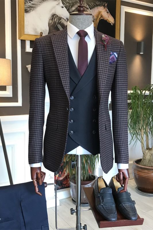 Craig Newest Plaid Peaked Lapel Three Pieces Business Men Suits With Black Vest