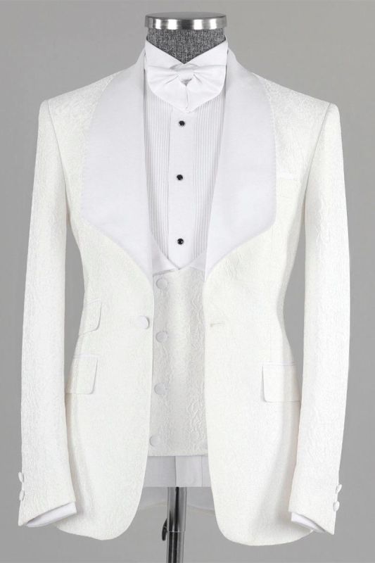 Billy White Jacquard Three Pieces Shawl Lapel Bespoke Wedding Suits