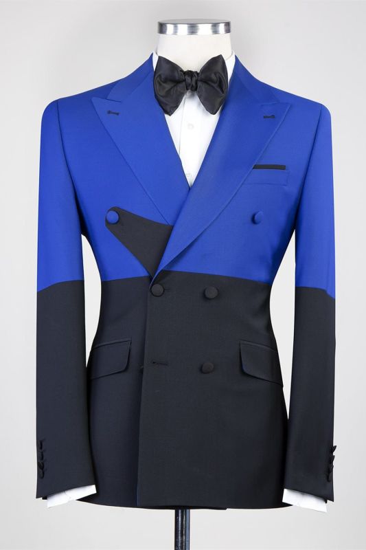 Auberon Saprkly Blue And Black Double Breasted Peaked Lapel Prom Suits