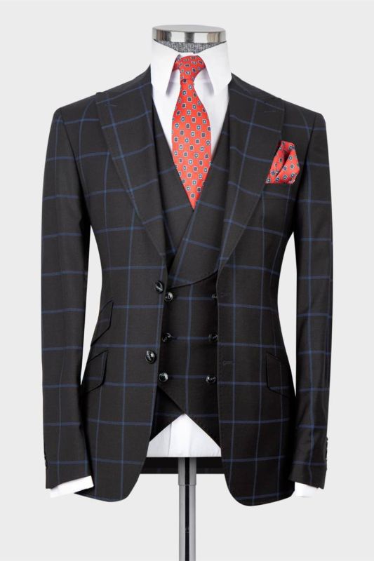 Humphry Modern Black Plaid 3-pieces Peaked Lapel Men Suits For Business