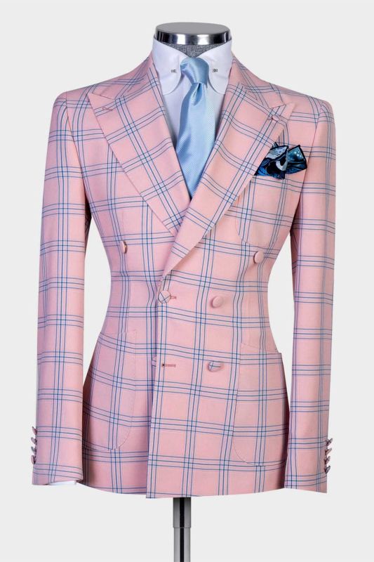 Lou Pink Double Breasted Plaid Stylish Peaked Lapel Men Suits
