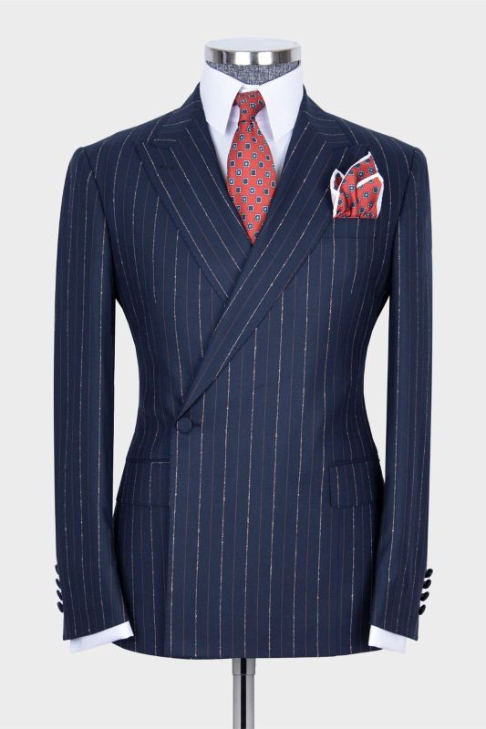 Hugo Stylish Navy Two Pieces Striped Peaked Laple One Button Men Suits