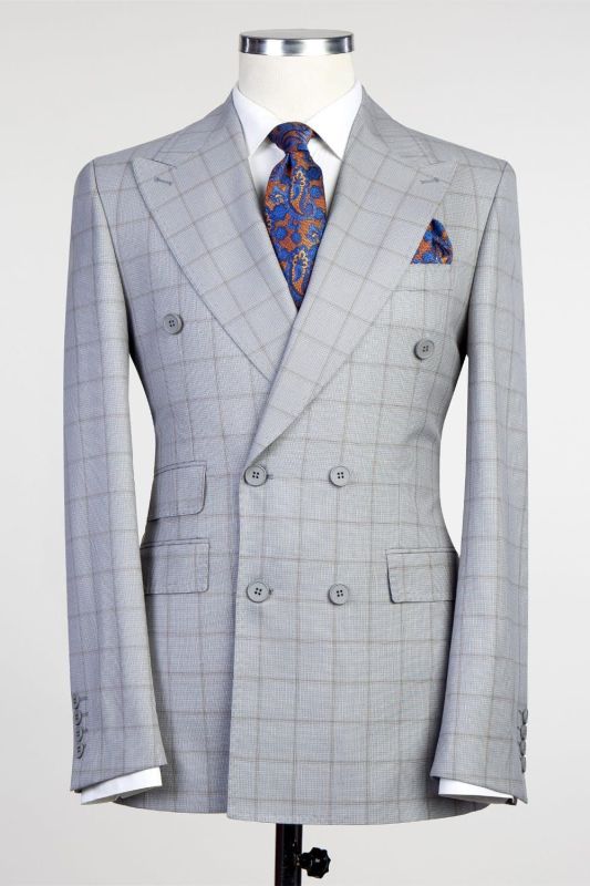 Albert Light Grey Modern Plaid Double Breasted Peaked Lapel Men Suits