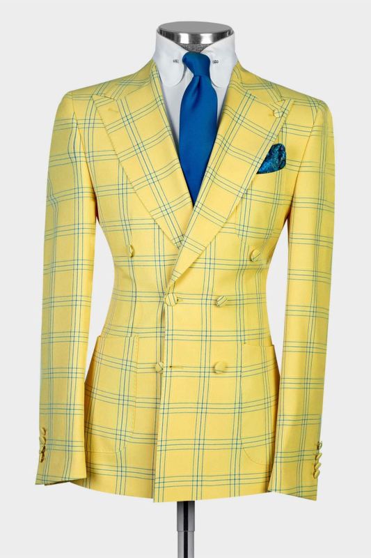 Kay Chic Yellow Plaid Double Breasted Peaked Lapel Men Suits