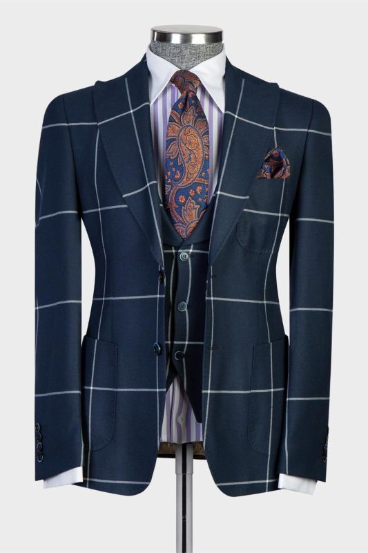 Gregory Navy Blue Plaid Peaked Lapel Three Pieces Business Suits