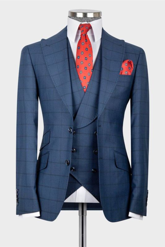 Hank Fashion Dark Blue Plaid Splicing Three Pieces Peaked Lapel Men Suits