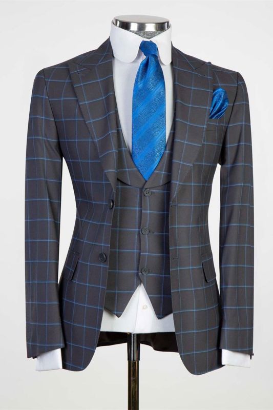 Graeme Navy Fashion Plaid Three Pieces Peaked Lapel Bespoke Men Suits