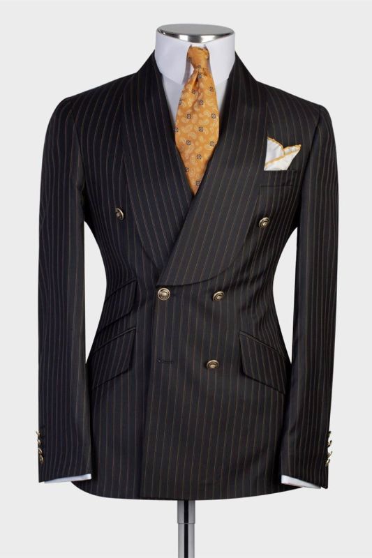 Luman Black Stripe Double Breasted Shawl Lapel Business Men Suits