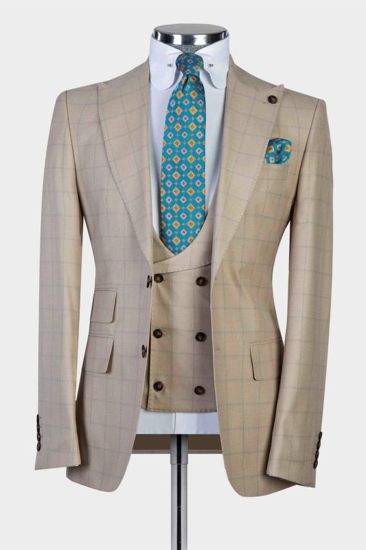 Samuel Fashion Black Khaki Plaid Three Pieces Peaked Lapel Men Suits