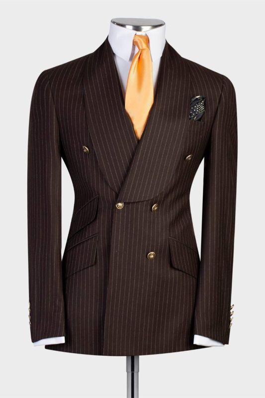 Bert Chic Chocolate Stripe Double Breasted Shawl Lapel Two Pieces Men Suits