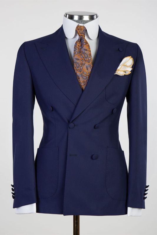 Gordon Dark Navy Double Breasted Peaked Lapel Close Fitting Stylish Men Suits