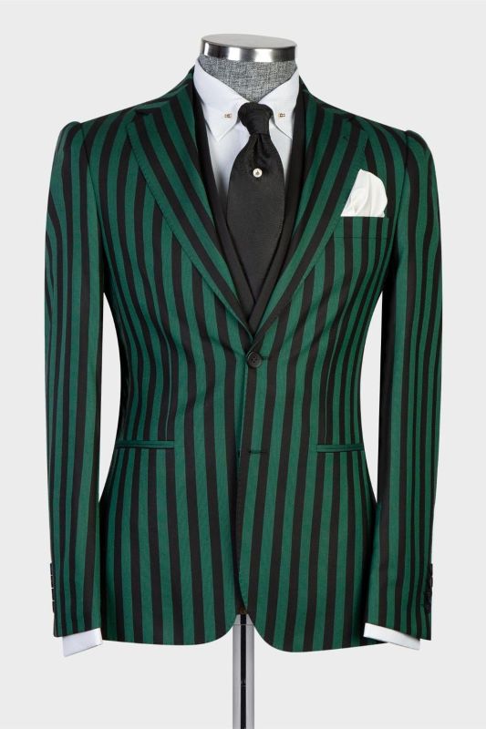 Herman Simple Green Stripe Peaked Lapel 3-Pieces Close Fitting Prom Suits for Men